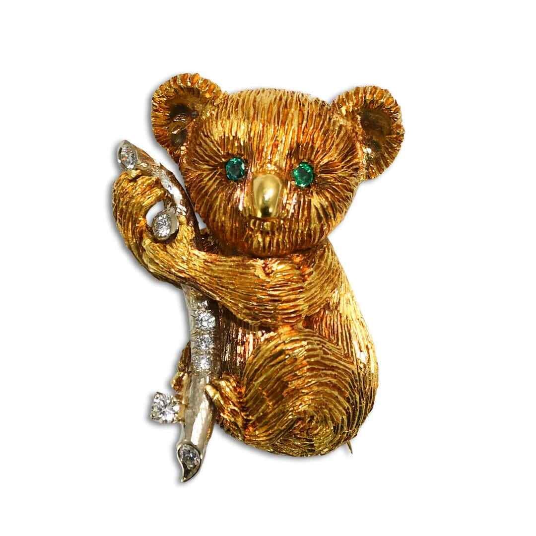 18K Gold Emerald Diamond Koala Brooch 19g Unique Jewelry (1 of 5)