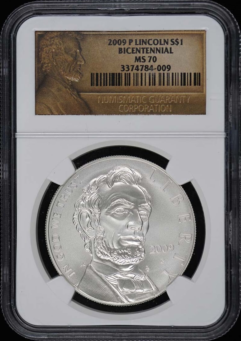 2009 P Lincoln Bicentennial Silver Dollar NGC MS70: 2009 P Lincoln Bicentennial Silver Dollar NGC MS70 This 2009 P Lincoln Modern Commemorative Bicentennial Silver Dollar is graded MS70 by NGC, ensuring its exceptional quality. Struck at the Philadelph