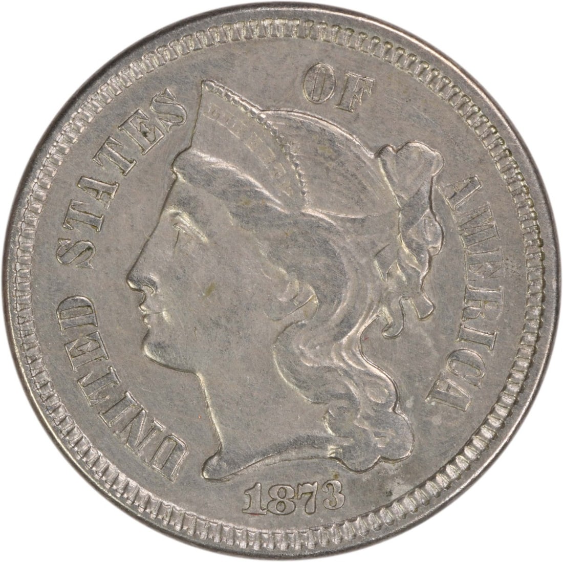 1873 Nickel Three Cent Piece Open 3 Variety AU Uncertified (1 of 2)