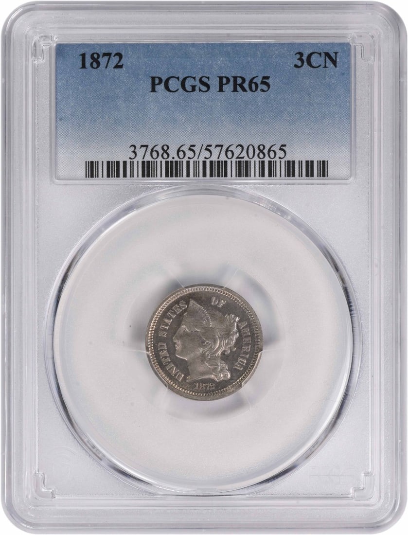 1872 Three Cent Nickel PR65 PCGS Uncirculated Proof Coin: 1872 Three Cent Nickel PR65 PCGS Uncirculated Proof Coin This is a stunning 1872 Three Cent Nickel, graded PR65 by PCGS. This proof coin is composed of nickel and showcases a beautiful uncirculated co