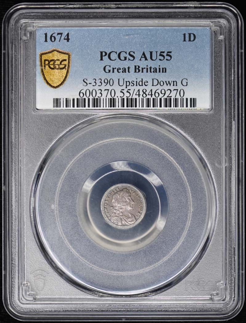 1674 Great Britain Silver 1 Pence S-3390 PCGS AU55: 1674 Great Britain Silver 1 Pence S-3390 PCGS AU55 This 1674 Silver 1 Pence coin from Great Britain, cataloged as S-3390, showcases a unique upside down orientation. It has been graded by PCGS with a