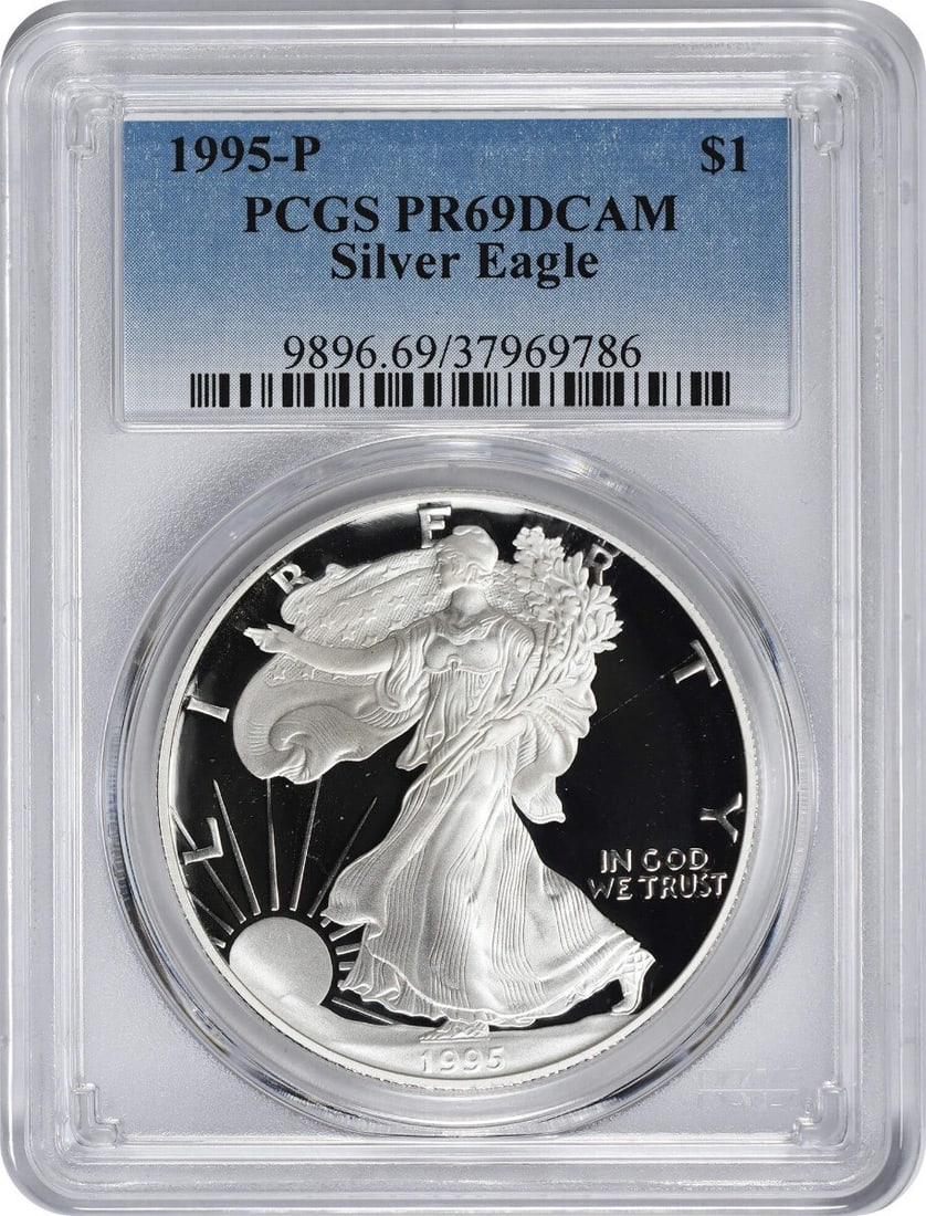 1995-P American Silver Eagle Dollar PR69DCAM PCGS Proof Coin 1 oz Silver: 1995-P American Silver Eagle Dollar PR69DCAM PCGS Proof Coin 1 oz Silver Introducing the 1995-P American Silver Eagle Dollar, graded PR69DCAM by PCGS, showcasing a stunning deep cameo finish. This cel