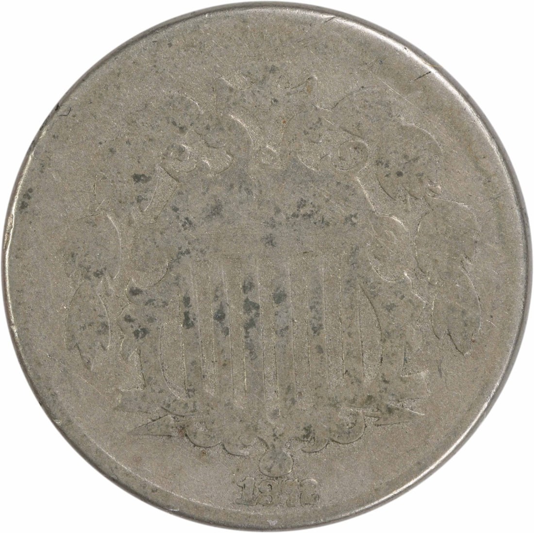 1872 Shield Nickel 5C Circulated Uncertified Philadelphia Mint: 1872 Shield Nickel 5C Circulated Uncertified Philadelphia Mint This 1872 Shield Nickel is a historical coin originating from the United States, featuring the design by James Barton Longacre. It is a c