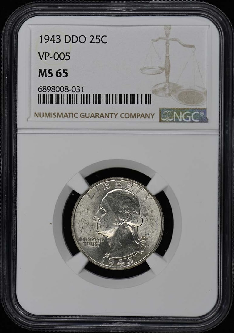 1943 DDO Washington Quarter NGC MS65 Uncirculated Coin: 1943 DDO Washington Quarter NGC MS65 Uncirculated Coin This 1943 DDO Washington Quarter is certified by NGC with a grade of MS65, indicating its uncirculated condition. The coin features the distincti
