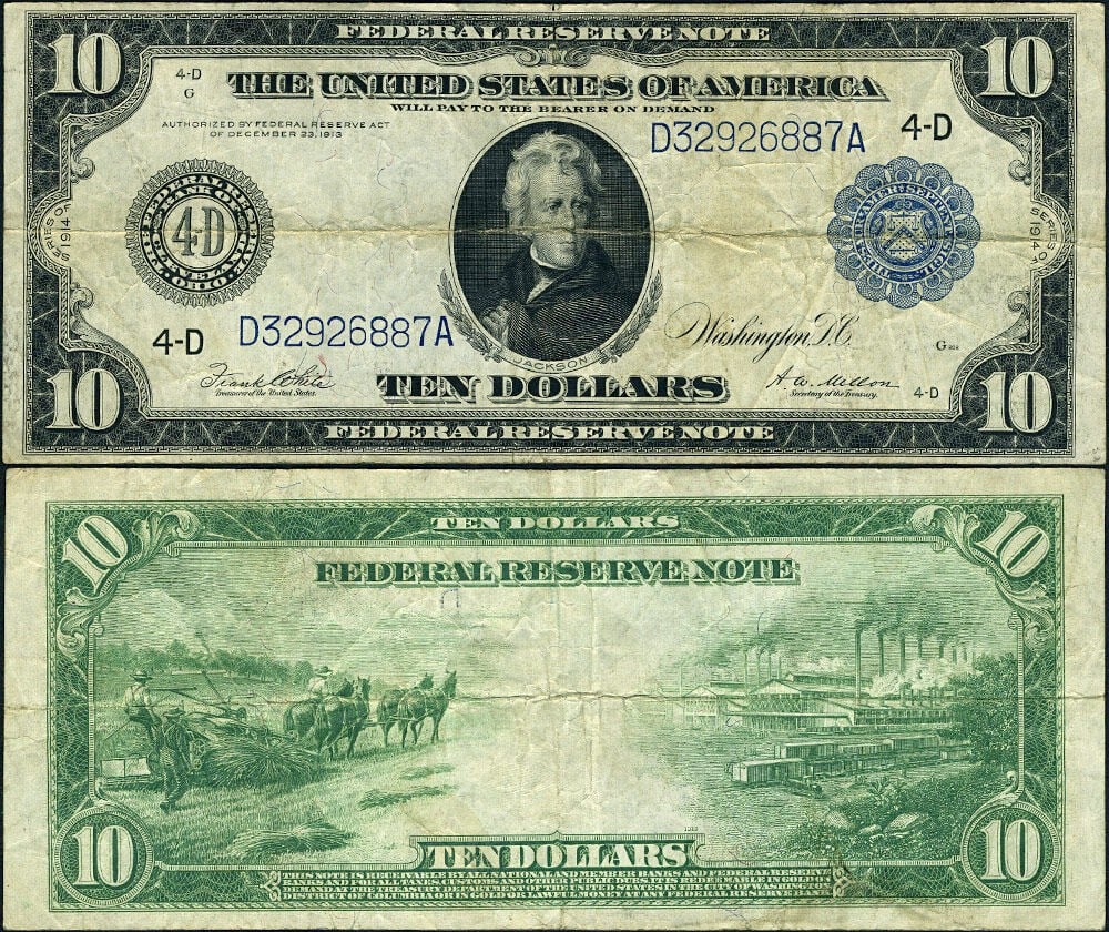 $10 1914 Federal Reserve Note FR. 919 A Circulated VF+ (1 of 3)