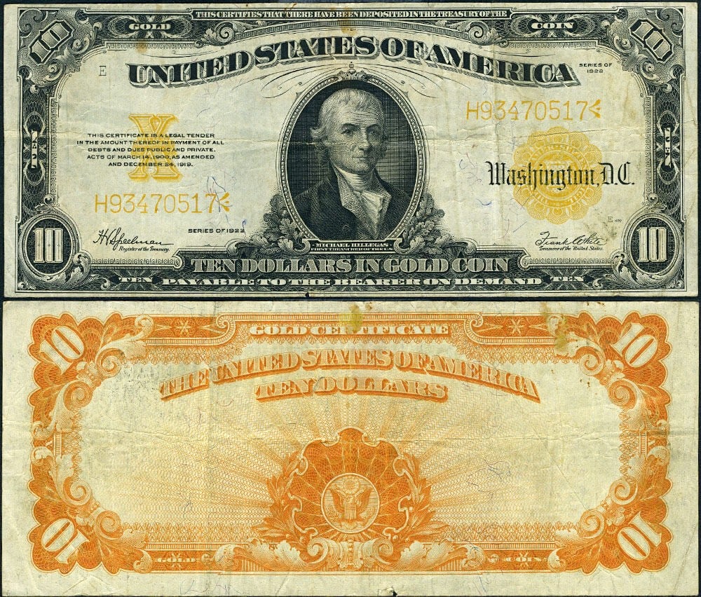 1922 $10 Gold Certificate FR. 1173 with Margin Nick (1 of 3)
