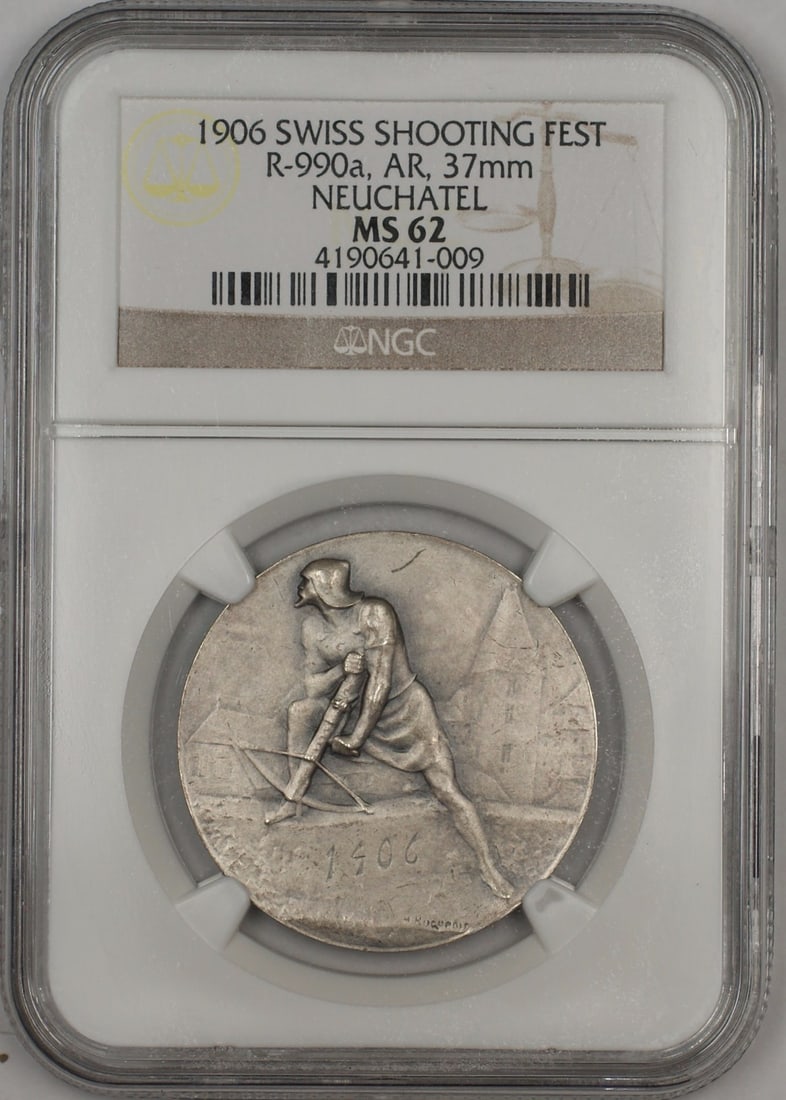 1906 Swiss Silver Shooting Festival Medal NGC MS-62: 1906 Swiss Silver Shooting Festival Medal NGC MS-62 This stunning medal commemorates the Swiss Shooting Fest of 1906 in Neuchatel, Switzerland. Crafted from silver, this uncirculated piece showcases t