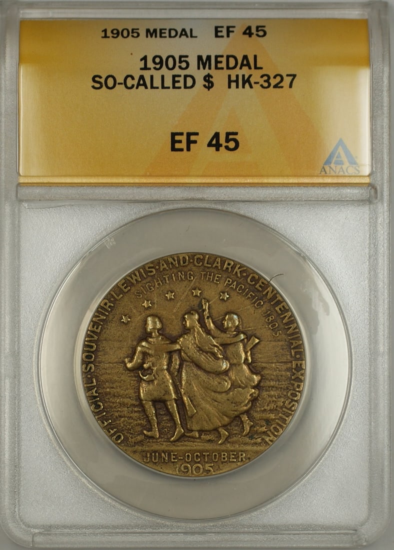 1905 Lewis and Clark HK-327 So-Called Dollar Medal ANACS EF-45: 1905 Lewis and Clark HK-327 So-Called Dollar Medal ANACS EF-45 This 1905 Lewis and Clark So-Called Dollar Medal (HK-327) is a remarkable collectible piece, showcasing historical significance and artis