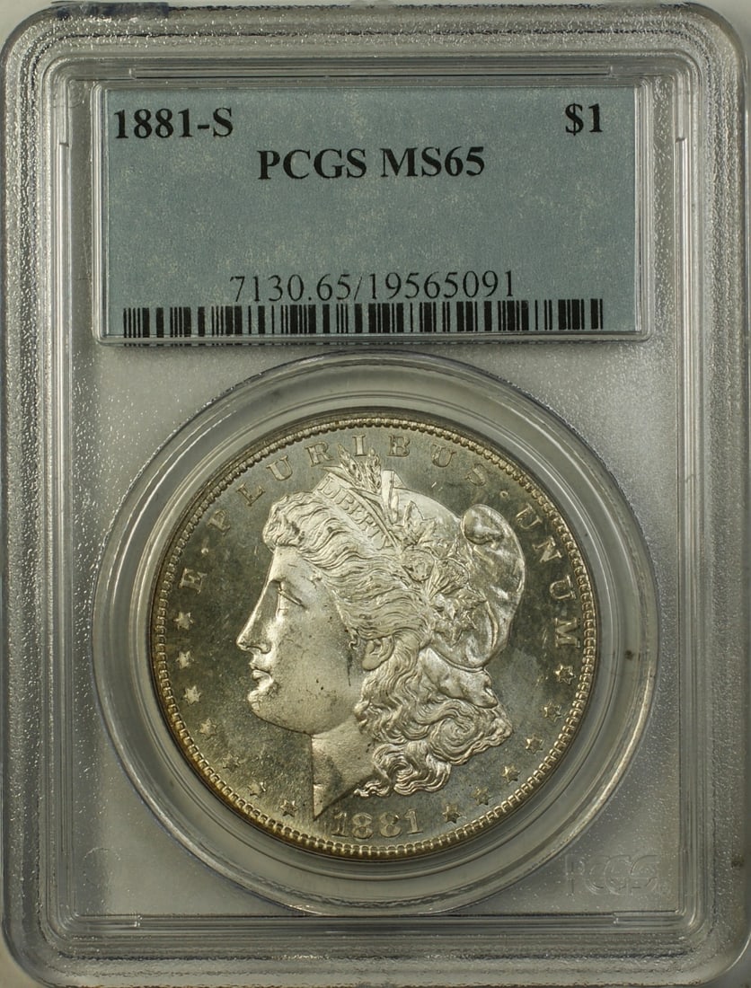 1881-S Morgan Silver Dollar $1 PCGS MS65 Proof Like San Francisco: 1881-S Morgan Silver Dollar $1 PCGS MS65 Proof Like San Francisco This 1881-S Morgan Silver Dollar features a stunning proof-like finish on the obverse, graded MS-65 by PCGS, ensuring its exceptional