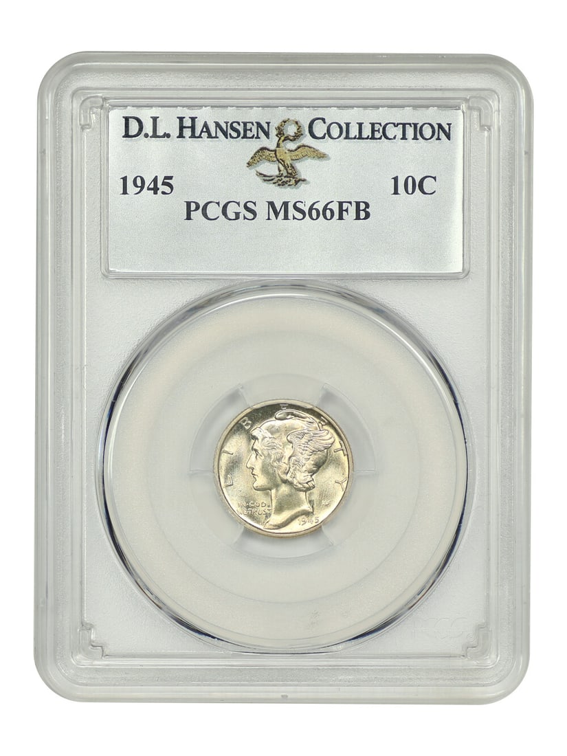 1945 10C Mercury Dime PCGS MS66FB Full Bands D.L. Hansen: 1945 10C Mercury Dime PCGS MS66FB Full Bands D.L. Hansen This 1945 10C Mercury Dime, certified by PCGS as MS66FB, is a remarkable example of numismatic artistry. Known for its notoriously weak strikes