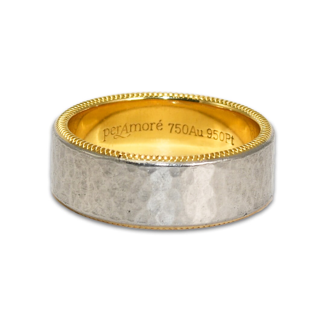 PerAmore 18K Yellow Gold Platinum Wedding Band Hammer Finish 8.5mm: PerAmore 18K Yellow Gold Platinum Wedding Band Hammer Finish 8.5mm This exquisite PerAmore wedding band is a perfect symbol of love and commitment. Crafted for men, it features a striking combination