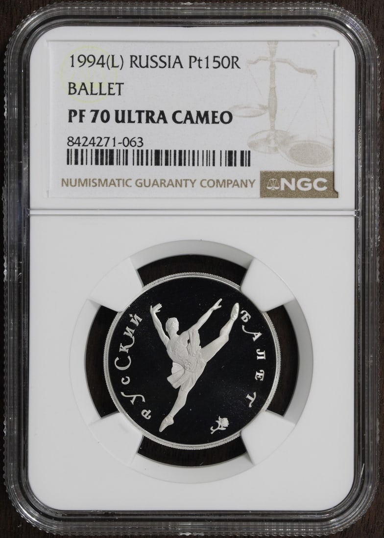 1994 Russia Platinum 150 Roubles 1/2 oz Proof Coin NGC PF70 Ballet: 1994 Russia Platinum 150 Roubles 1/2 oz Proof Coin NGC PF70 Ballet This 1994 Russian 150 Roubles coin is crafted from 1/2 oz of 0.999 fine platinum and features a ballet-themed design. Graded PF70 and