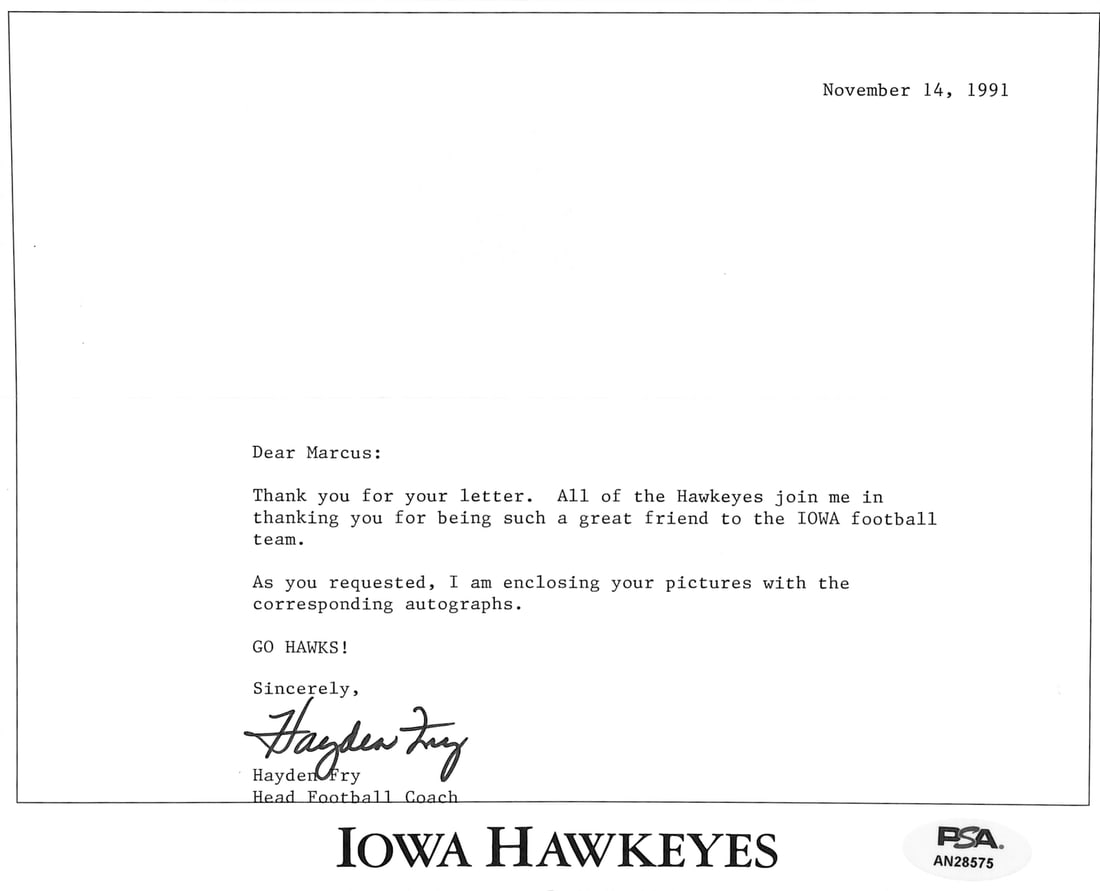 Hayden Fry Signed TLS Letter University of Iowa PSA/DNA Authentic: Hayden Fry Signed TLS Letter University of Iowa PSA/DNA Authentic This offering features a signed TLS letter from Hayden Fry, the Head Football Coach of the University of Iowa. The letter is an origin