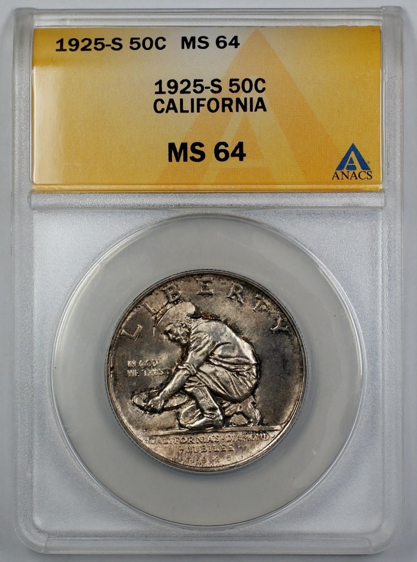 1925-S California Commemorative Silver Half Dollar ANACS MS 64 Uncirculated: 1925-S California Commemorative Silver Half Dollar ANACS MS 64 Uncirculated This 1925-S California Commemorative Silver Half Dollar is certified by ANACS with a grade of MS 64, indicating its uncircul