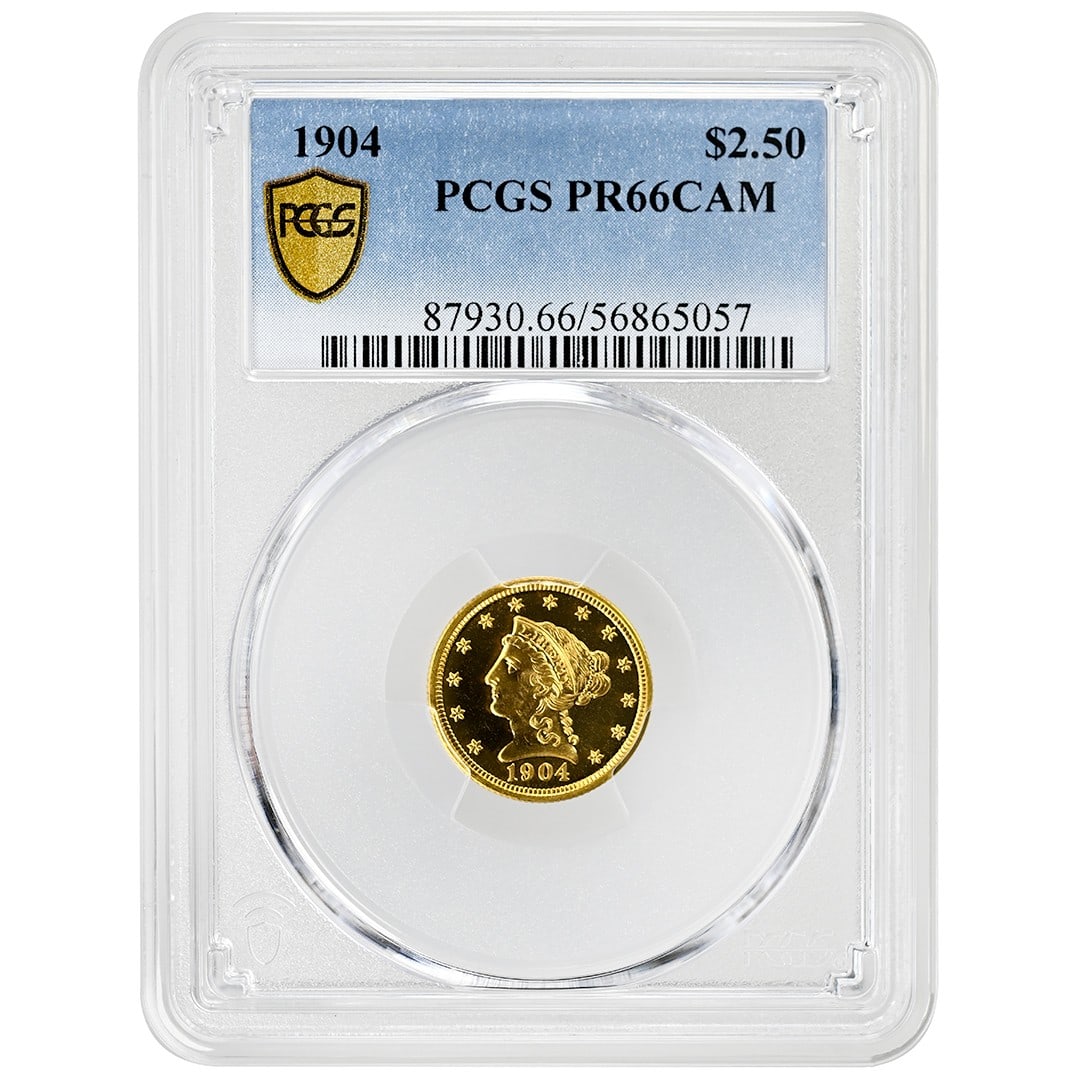 1904 $2.50 Liberty Head Gold Coin PCGS PR66CAM Rare: 1904 $2.50 Liberty Head Gold Coin PCGS PR66CAM Rare This stunning 1904 $2.50 Liberty Head coin is a rare find, graded PR66CAM by PCGS, showcasing its exceptional quality and eye-catching proof cameo f