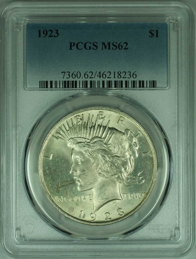 1923 Peace Silver Dollar S$1 PCGS MS62 Uncirculated Coin: 1923 Peace Silver Dollar S$1 PCGS MS62 Uncirculated Coin This 1923 Peace Silver Dollar is a remarkable example of American coinage, featuring a stunning uncirculated finish. Struck in Philadelphia, th