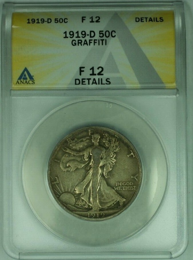 1919-D Walking Liberty Half Dollar Coin ANACS F12 Circulated Silver: 1919-D Walking Liberty Half Dollar Coin ANACS F12 Circulated Silver This 1919-D Walking Liberty Half Dollar Coin is a stunning piece of numismatic history, certified by ANACS and graded F 12. Minted i