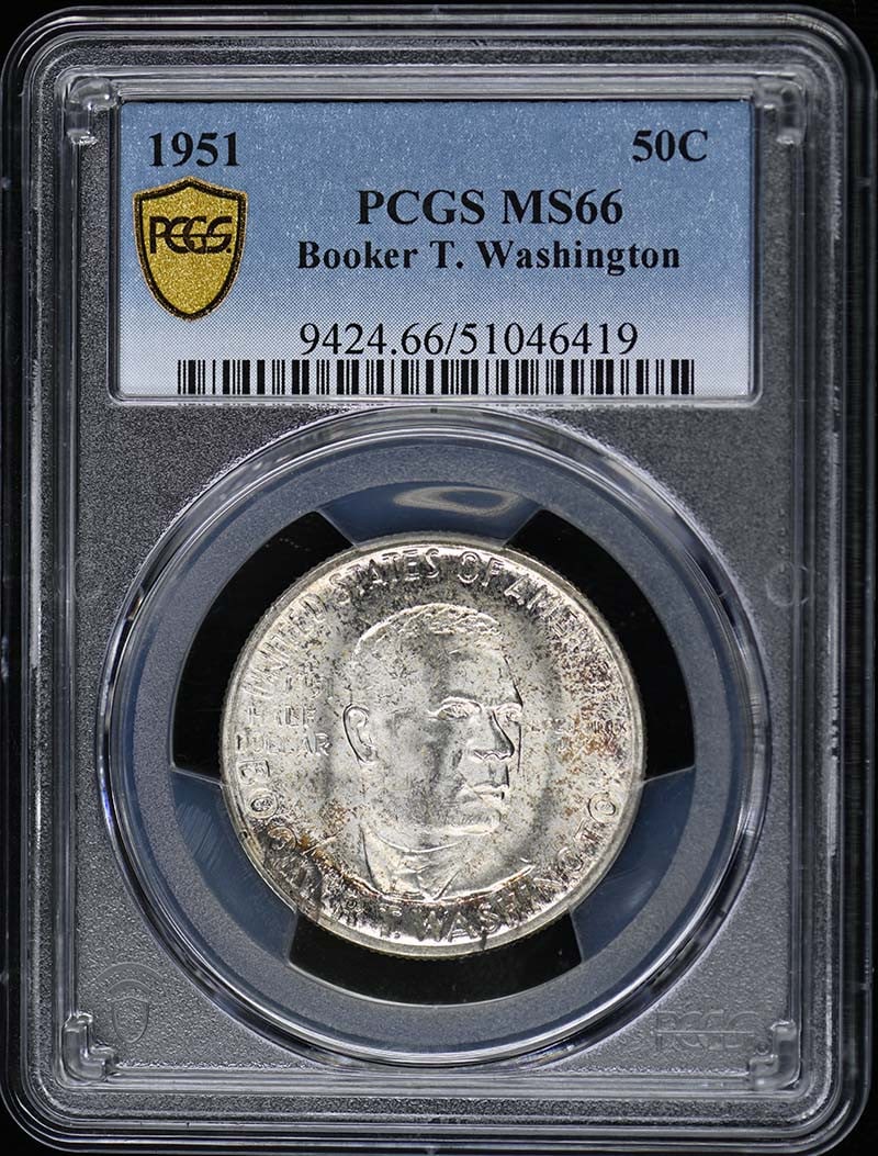 1951 Booker T Washington 50C Silver Commemorative Coin PCGS MS66: 1951 Booker T Washington 50C Silver Commemorative Coin PCGS MS66 This 1951 Booker T. Washington 50 Cent Silver Commemorative coin is certified by PCGS with a grade of MS66. It features a striking desi