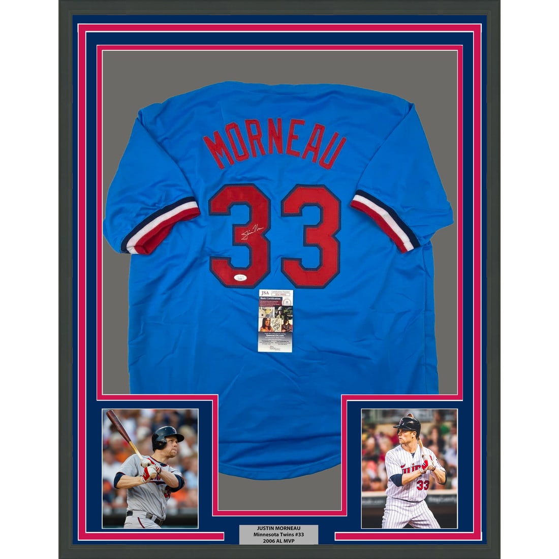 Framed Autographed Justin Morneau Jersey 33x42 with JSA COA: Framed Autographed Justin Morneau Jersey 33x42 with JSA COA Celebrate the legacy of Justin Morneau with this professionally framed and matted retro baseball jersey. This stunning piece measures 33" x