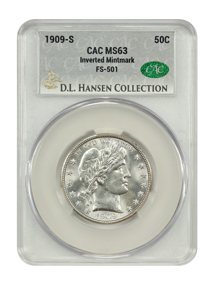1909-S Barber Half Dollar CACG MS63 Inverted Mintmark FS-501: 1909-S Barber Half Dollar CACG MS63 Inverted Mintmark FS-501 This 1909-S Barber Half Dollar features a unique inverted mintmark and is certified by CACG with a grade of MS63. With an mintage of only 1