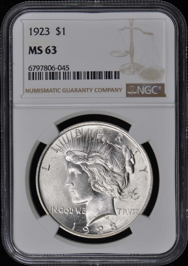 1923 Peace Dollar NGC MS63 Uncirculated Philadelphia Mint: 1923 Peace Dollar NGC MS63 Uncirculated Philadelphia Mint This 1923 Peace Dollar is an impressive find for collectors, certified by NGC with a grade of MS63. Struck in Philadelphia, this uncirculated