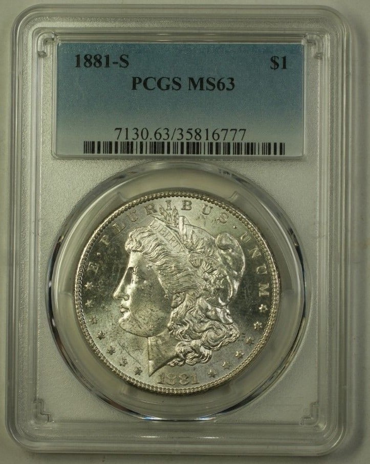 1881-S Morgan Silver Dollar PCGS MS-63 Uncirculated Coin: 1881-S Morgan Silver Dollar PCGS MS-63 Uncirculated Coin This 1881-S Morgan Silver Dollar is a stunning piece certified by PCGS with a grade of MS-63. Struck in San Francisco, this uncirculated coin f