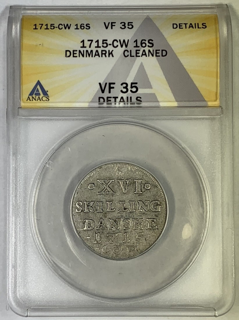 1715-CW 16 Schilling Denmark Coin ANACS VF 35 Details (1 of 2)