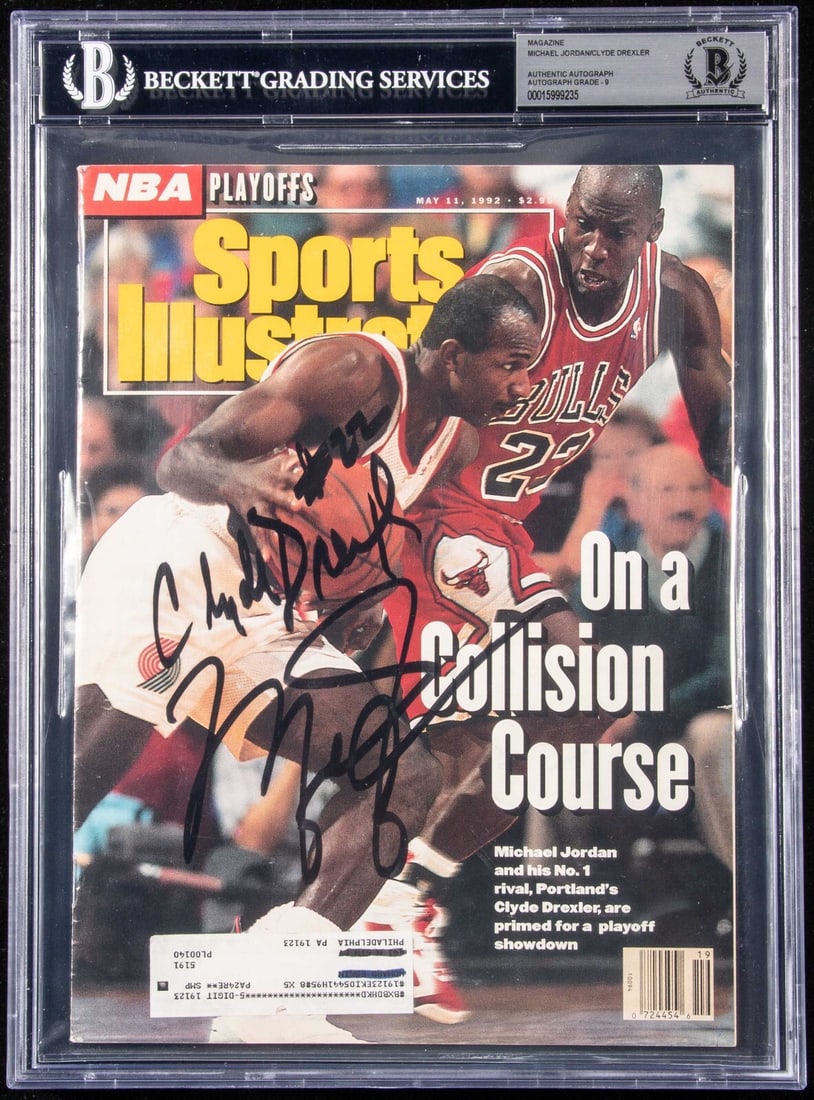 Michael Jordan Clyde Drexler Signed Sports Illustrated 1992 Beckett Graded 9 (1 of 5)
