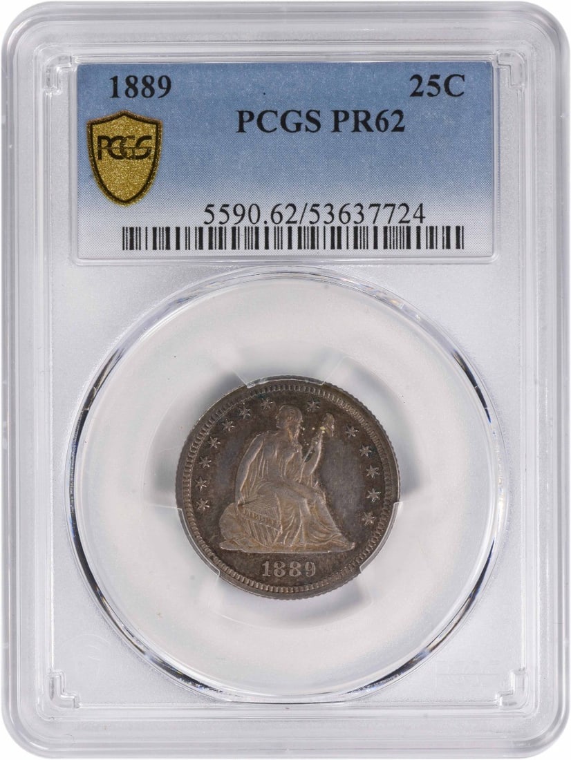 1889 Seated Liberty Silver Quarter PR62 PCGS Uncirculated: 1889 Seated Liberty Silver Quarter PR62 PCGS Uncirculated Presenting the 1889 Liberty Seated Silver Quarter, graded PR62 by PCGS. This stunning proof coin hails from the Philadelphia mint, featuring t