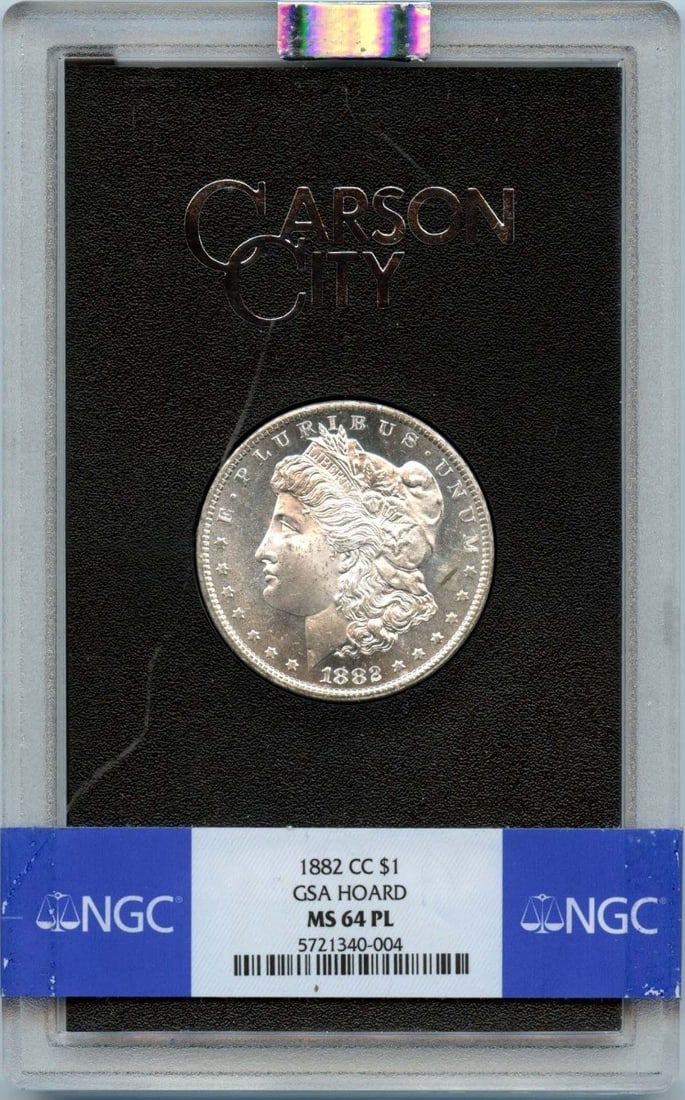 1882-CC Morgan Dollar GSA Hoard NGC MS64 Proof-Like: 1882-CC Morgan Dollar GSA Hoard NGC MS64 Proof-Like This stunning 1882-CC Morgan Dollar is a true collector's gem, certified by NGC with a grade of MS64PL, indicating its uncirculated condition and pr