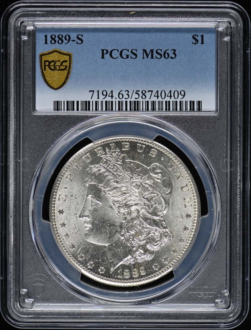 1889-S Morgan Dollar PCGS MS63 Uncirculated San Francisco: 1889-S Morgan Dollar PCGS MS63 Uncirculated San Francisco This 1889-S Morgan Dollar is a stunning piece of numismatic history, certified by PCGS with a grade of MS63, indicating its uncirculated condi