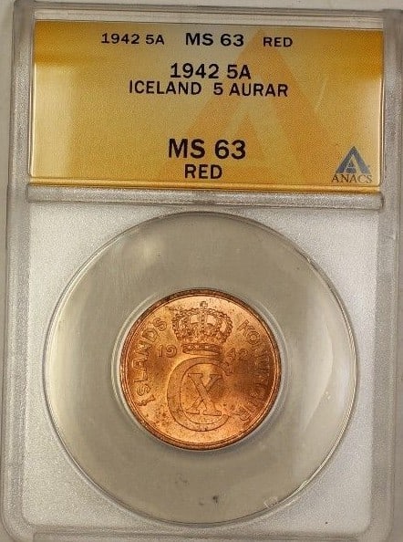 1942 Iceland 5 Aurar Copper Coin ANACS MS 63 Red Grade: 1942 Iceland 5 Aurar Copper Coin ANACS MS 63 Red Grade This 1942 Iceland 5 Aurar coin is a remarkable piece for collectors. It has been certified by ANACS and graded MS-63, ensuring its high quality.