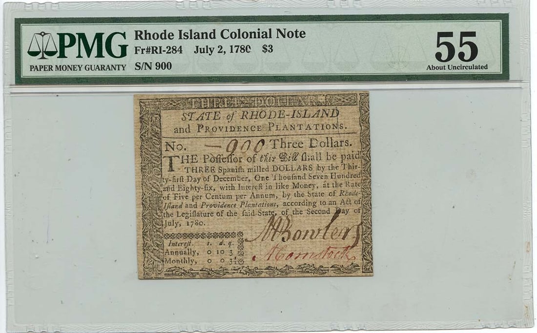 1780 $3 Rhode Island Colonial Note RI-284 PMG AU55 Certified (1 of 2)