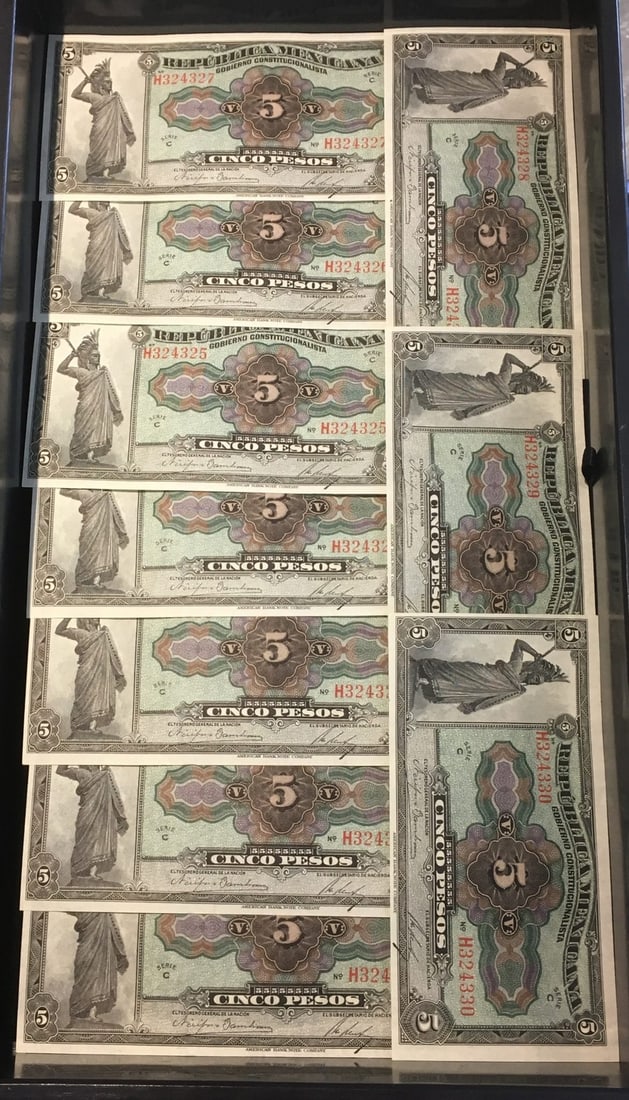 Lot of 10 Uncirculated 1915 Consecutive Cinco Peso Coins Mexico (1 of 2)