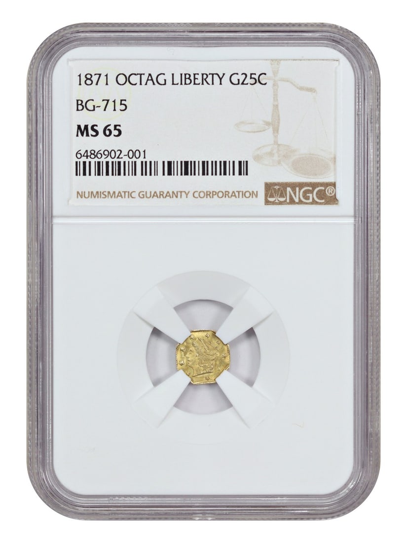 1871 California Fractional Gold 25 Cent BG-715 NGC MS65 Certified Coin: 1871 California Fractional Gold 25 Cent BG-715 NGC MS65 Certified Coin This is an 1871 California Fractional Gold 25 cent coin, certified by NGC as MS65. It is an uncirculated example of the scarce BG