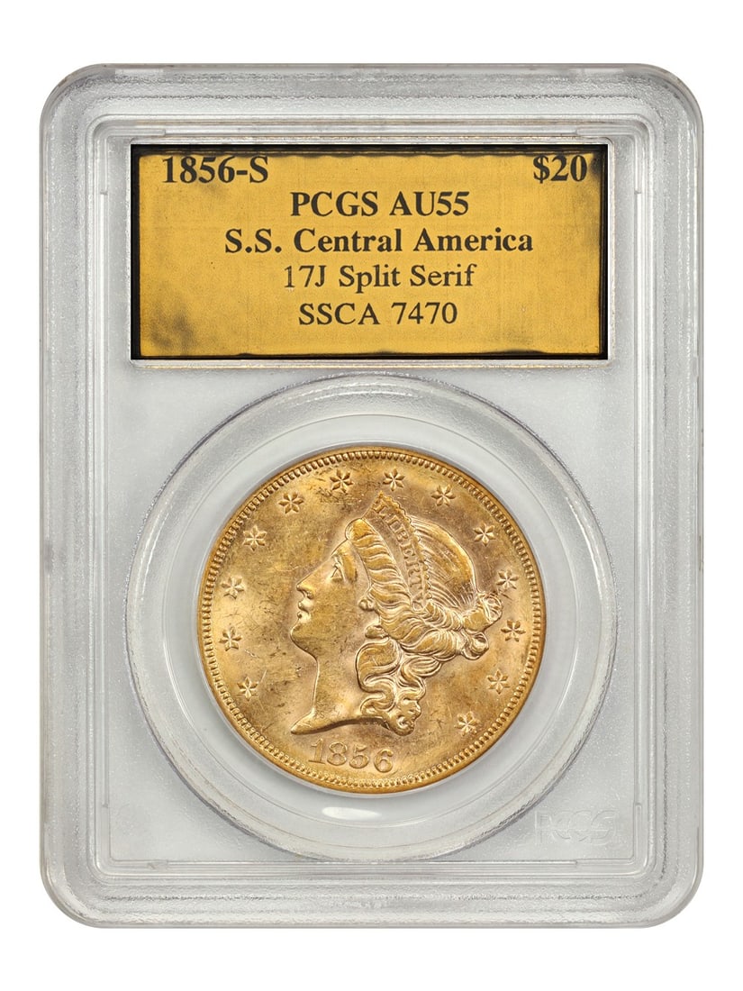 1856-S Liberty Head $20 Gold Coin PCGS AU55 Recovered From S.S. Central America: 1856-S Liberty Head $20 Gold Coin PCGS AU55 Recovered From S.S. Central America This is an 1856-S Liberty Head $20 gold coin, recovered from the SS Central America shipwreck. Certified by PCGS with a