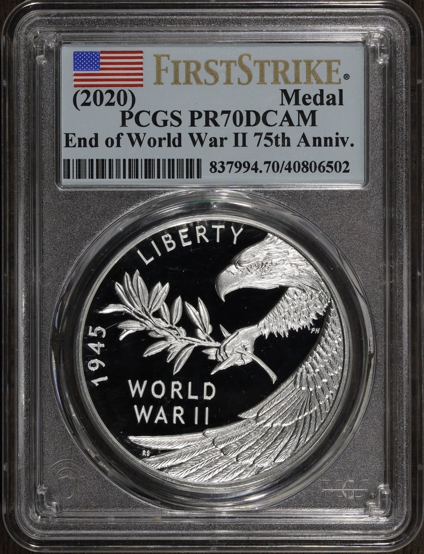 2020 PR70 End of World War II Silver Medal PCGS V75 1 oz: 2020 PR70 End of World War II Silver Medal PCGS V75 1 oz Commemorate the historic end of World War II with this stunning 2020 silver medal. Crafted by the U.S. Mint, this medal is made of 0.999 fine s