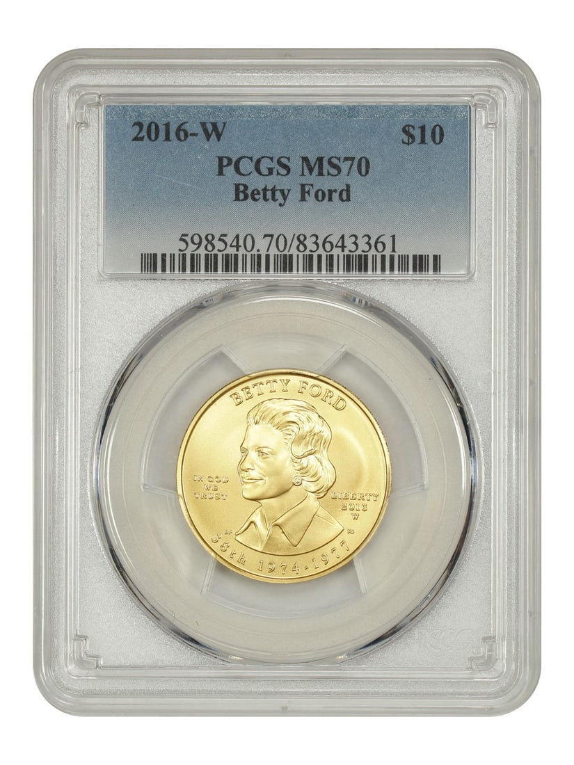 2016-W $10 Betty Ford PCGS MS70 First Spouses Coin: 2016-W $10 Betty Ford PCGS MS70 First Spouses Coin This 2016-W $10 Betty Ford coin is part of the First Spouses series, certified by PCGS with a grade of MS70, indicating it is in uncirculated conditi