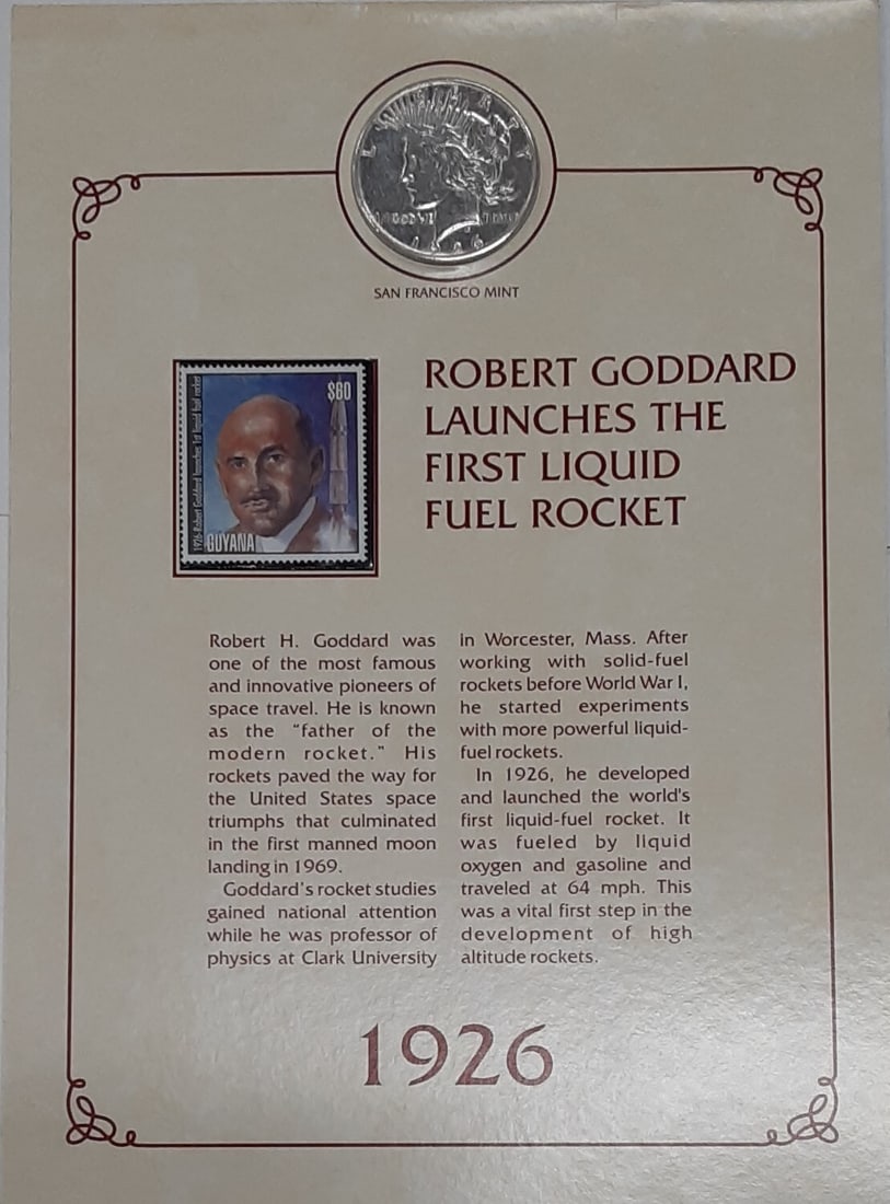 1926-S Peace Silver Dollar in History Card Goddard Rocket: 1926-S Peace Silver Dollar in History Card Goddard Rocket This 1926-S Peace Silver Dollar is a remarkable piece of history, featuring a striking design that symbolizes peace. The coin was minted in Sa
