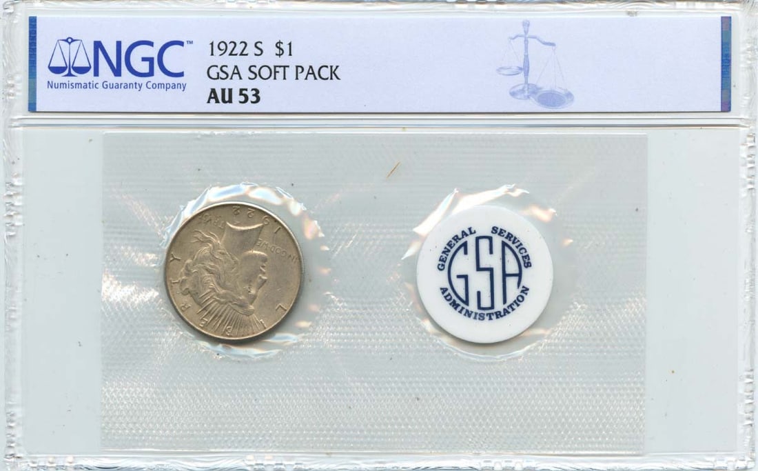 1922-S Peace Dollar NGC AU53 GSA Soft Pack San Francisco: 1922-S Peace Dollar NGC AU53 GSA Soft Pack San Francisco This 1922-S Peace Dollar is a stunning piece of history, graded AU53 by NGC, reflecting its well-preserved condition. Minted in San Francisco,