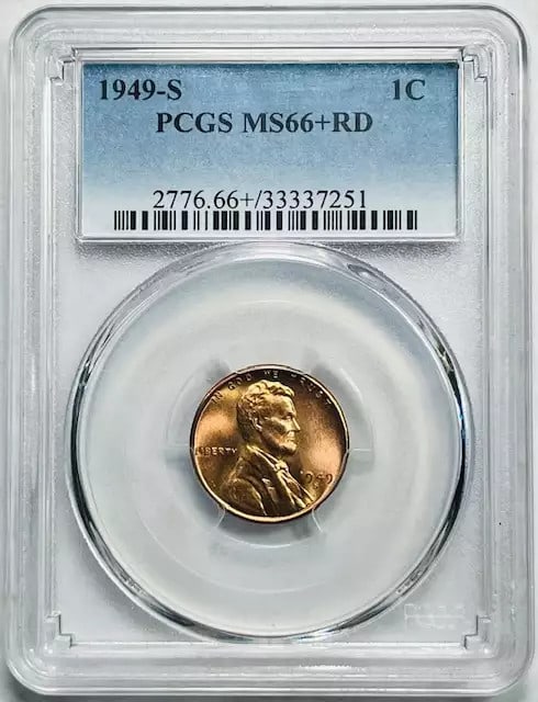 1949 S Lincoln Wheat Penny PCGS MS 66+ RD Uncirculated Copper Coin: 1949 S Lincoln Wheat Penny PCGS MS 66+ RD Uncirculated Copper Coin This 1949 S Small Cents Lincoln Wheat Penny is a remarkable example of numismatic craftsmanship, graded MS 66+ by PCGS, indicating it