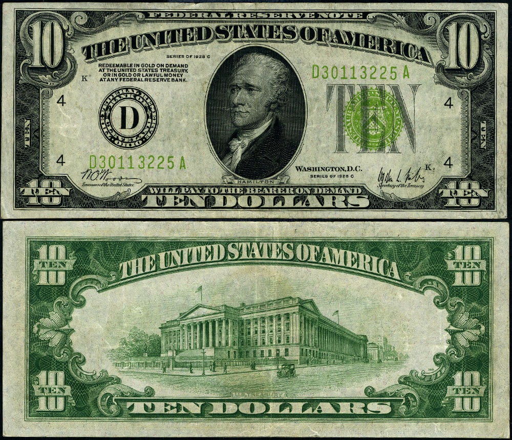 1928-C $10 Federal Reserve Note Cleveland D-A Block Uncertified XF (1 of 3)