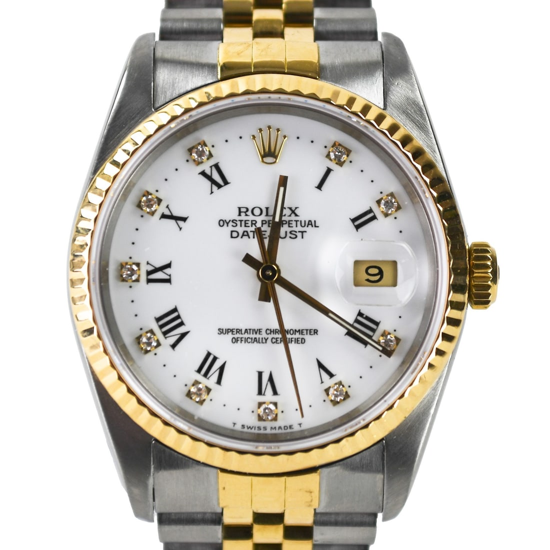 1990 Rolex Datejust 36mm Two-Tone White Diamond Dial Automatic Wristwatch: 1990 Rolex Datejust 36mm Two-Tone White Diamond Dial Automatic Wristwatch This Rolex Datejust wristwatch from 1990 features a 36mm round case crafted from two-tone 14k yellow gold and stainless steel.