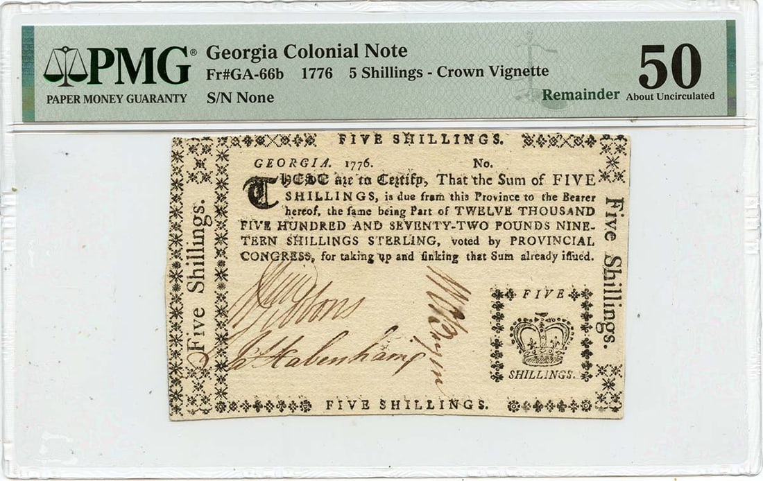 1776 Georgia Colonial Note FR#GA-66b PMG AU50 Finest Known (1 of 2)