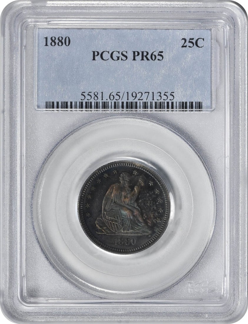 1880 Liberty Seated Quarter PR65 PCGS Proof 90% Silver Limited Mintage: 1880 Liberty Seated Quarter PR65 PCGS Proof 90% Silver Limited Mintage This 1880 Liberty Seated Silver Quarter, graded PR65 by PCGS, is a stunning example of numismatic craftsmanship. The coin feature