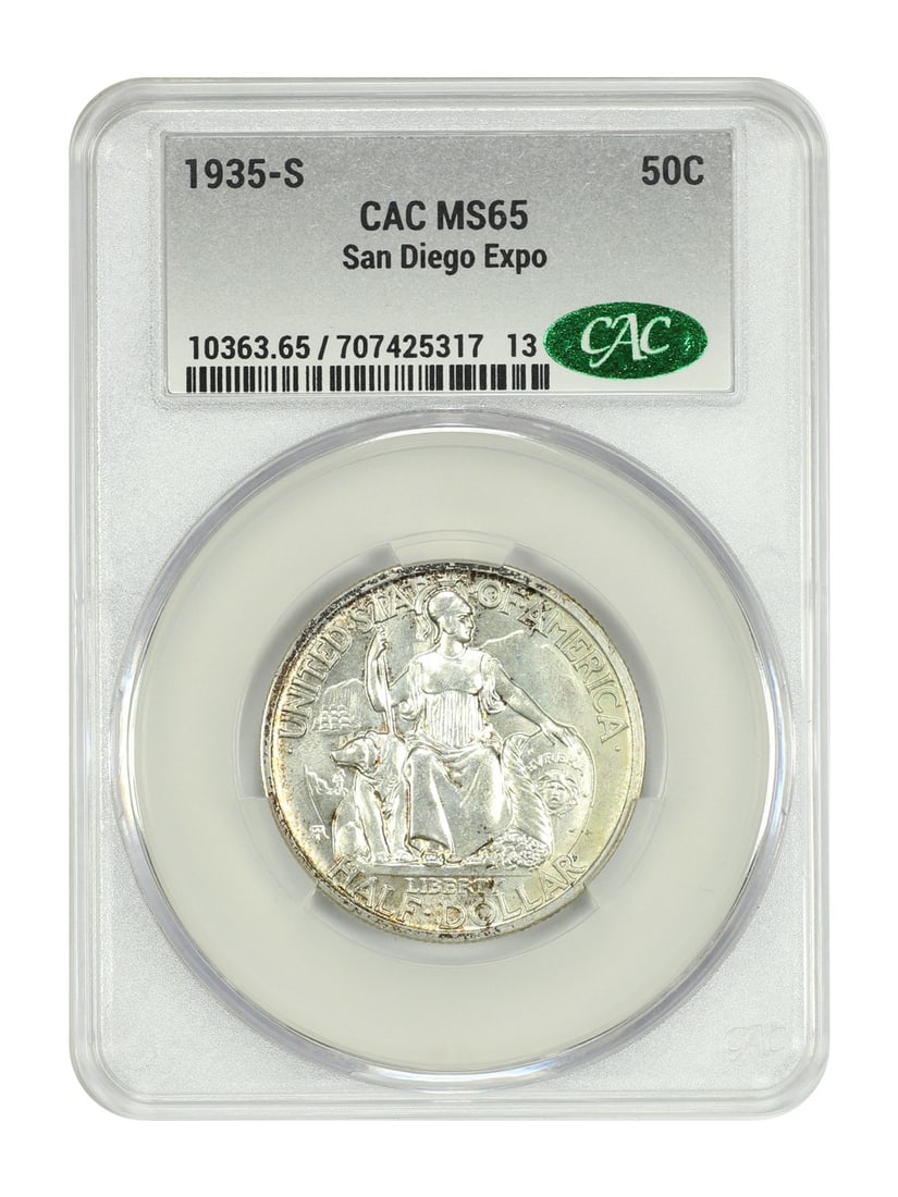 1935-S 50C San Diego CACG MS65 Classic Silver Commemorative Coin: 1935-S 50C San Diego CACG MS65 Classic Silver Commemorative Coin This 1935-S 50C San Diego Classic Silver Commemorative coin is a valuable addition for collectors. Certified by CACG with a certificati