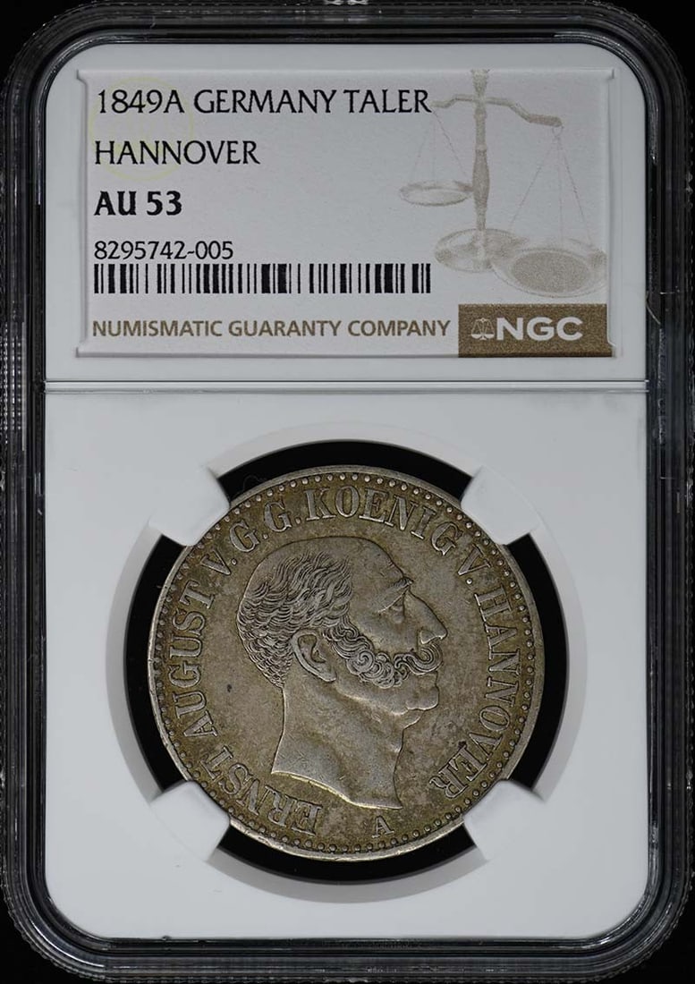 1849 Hannover Silver Taler NGC AU53 Certified Coin: 1849 Hannover Silver Taler NGC AU53 Certified Coin This 1849 Hannover Silver Taler coin features a grade of AU53, certified by NGC, showcasing its circulated condition with historical significance. Th