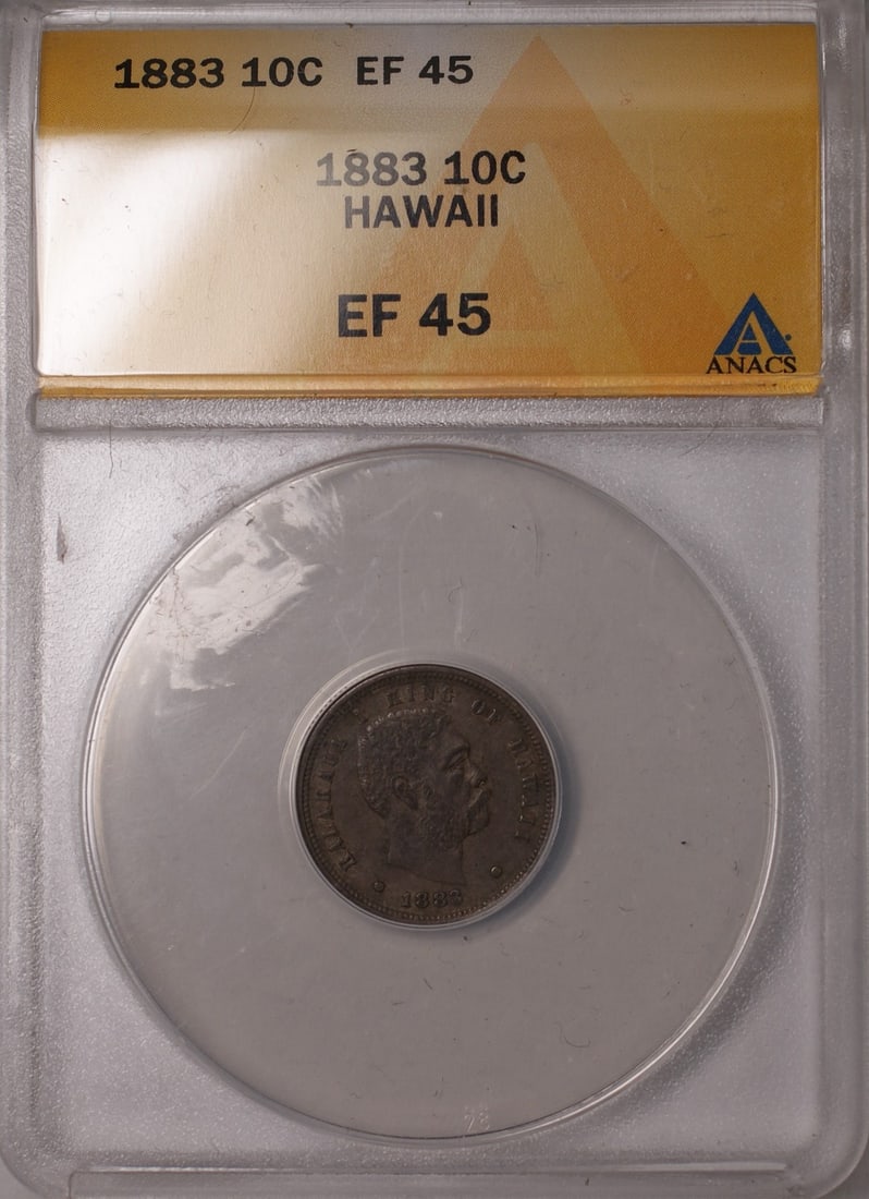 1883 Kingdom of Hawaii Silver Dime 10c ANACS EF-45 Coin Km 3 Toned: 1883 Kingdom of Hawaii Silver Dime 10c ANACS EF-45 Coin Km 3 Toned This 1883 Kingdom of Hawaii Silver Dime (10c Coin) is a remarkable collectible piece, certified by ANACS with a grade of EF 45. The c