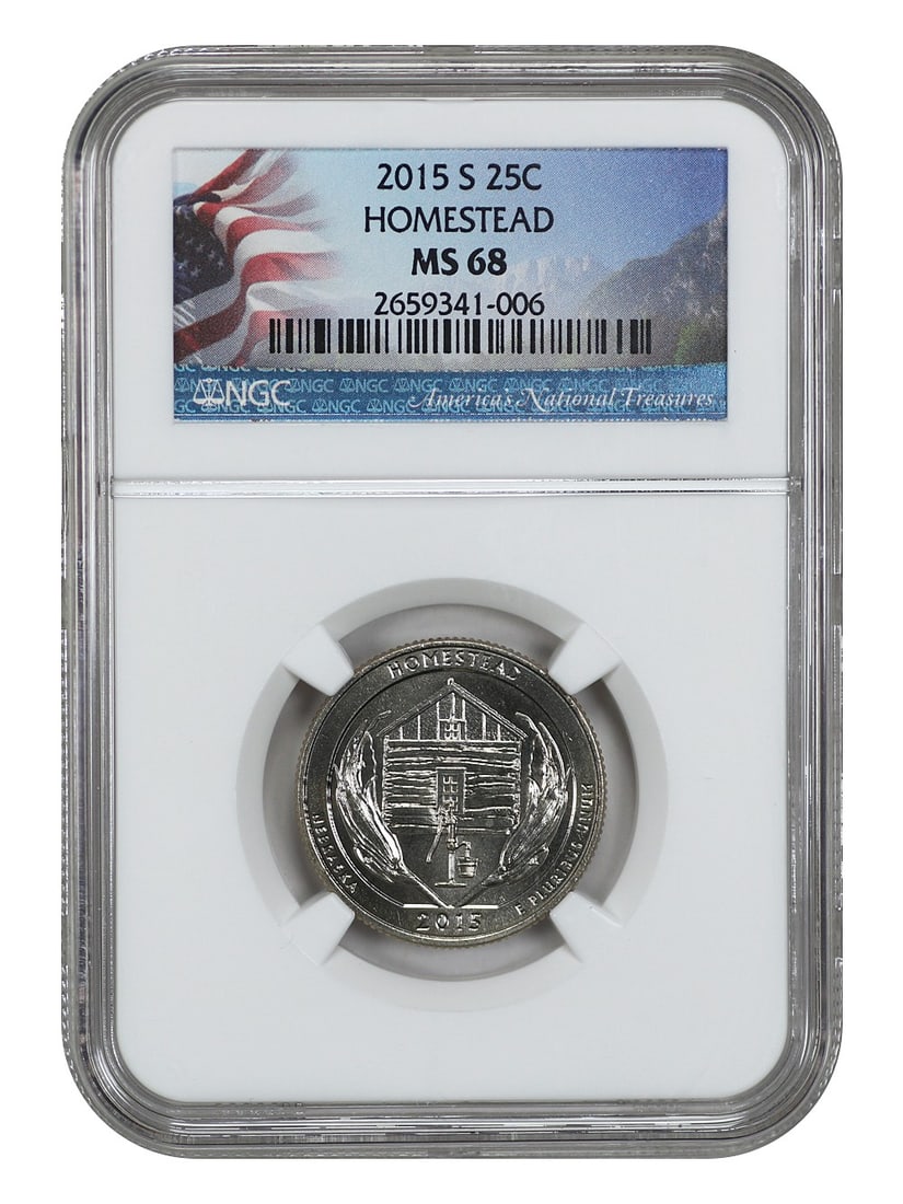 2015-S 25C Homestead NP NGC MS68 Clad Quarter: 2015-S 25C Homestead NP NGC MS68 Clad Quarter This 2015-S 25C Homestead National Park coin is certified by NGC with a grade of MS68, indicating its high quality and uncirculated condition. Minted in S