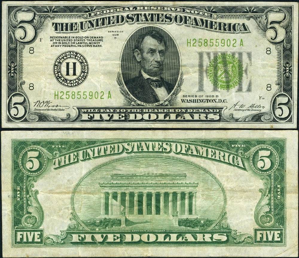 1928-B $5 Federal Reserve Note St. Louis H-A Block LGS VF Plus (1 of 3)